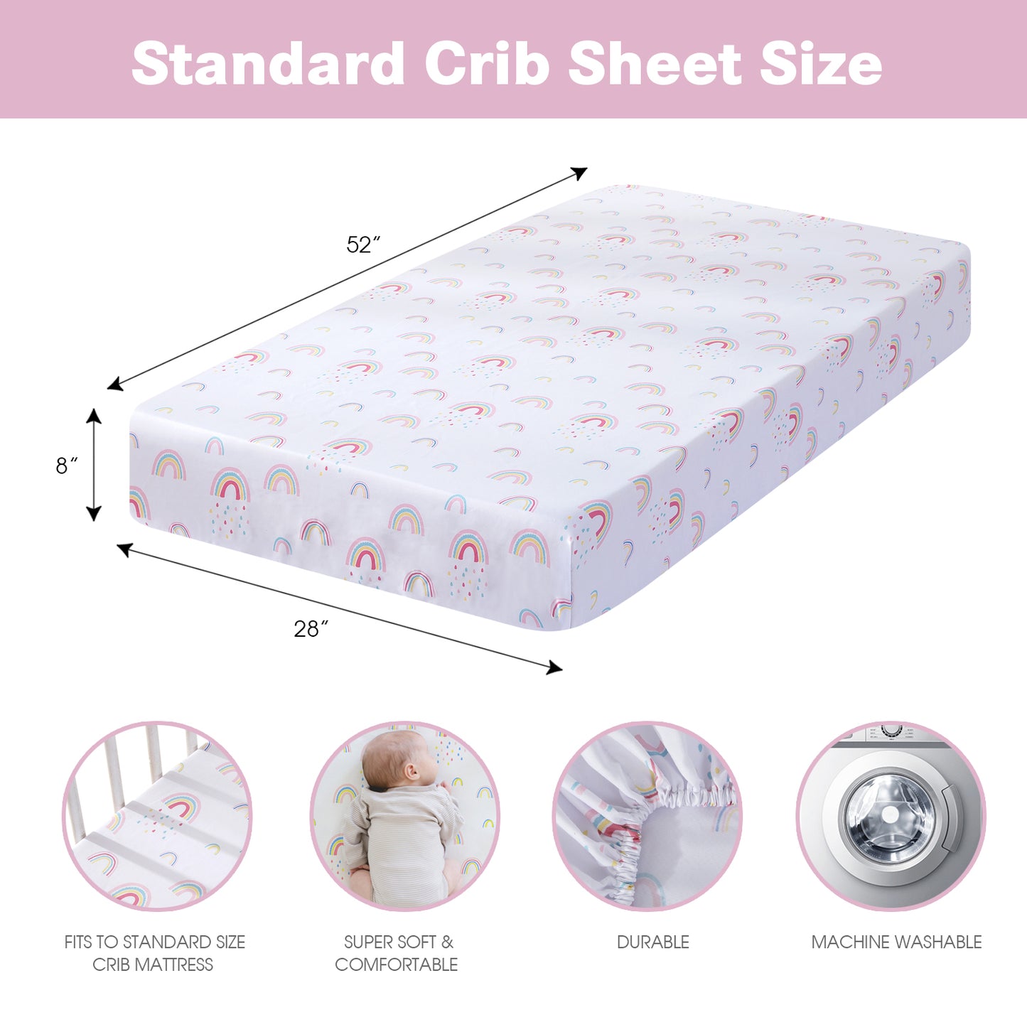 Crib Sheets for Baby Girls 3 Pack, 28"x 52" Extra Soft Microfiber Crib Sheet Set for Baby Crib Mattress Sheet & Toddler Mattress Pad, Rainbow & Elephant & Stars