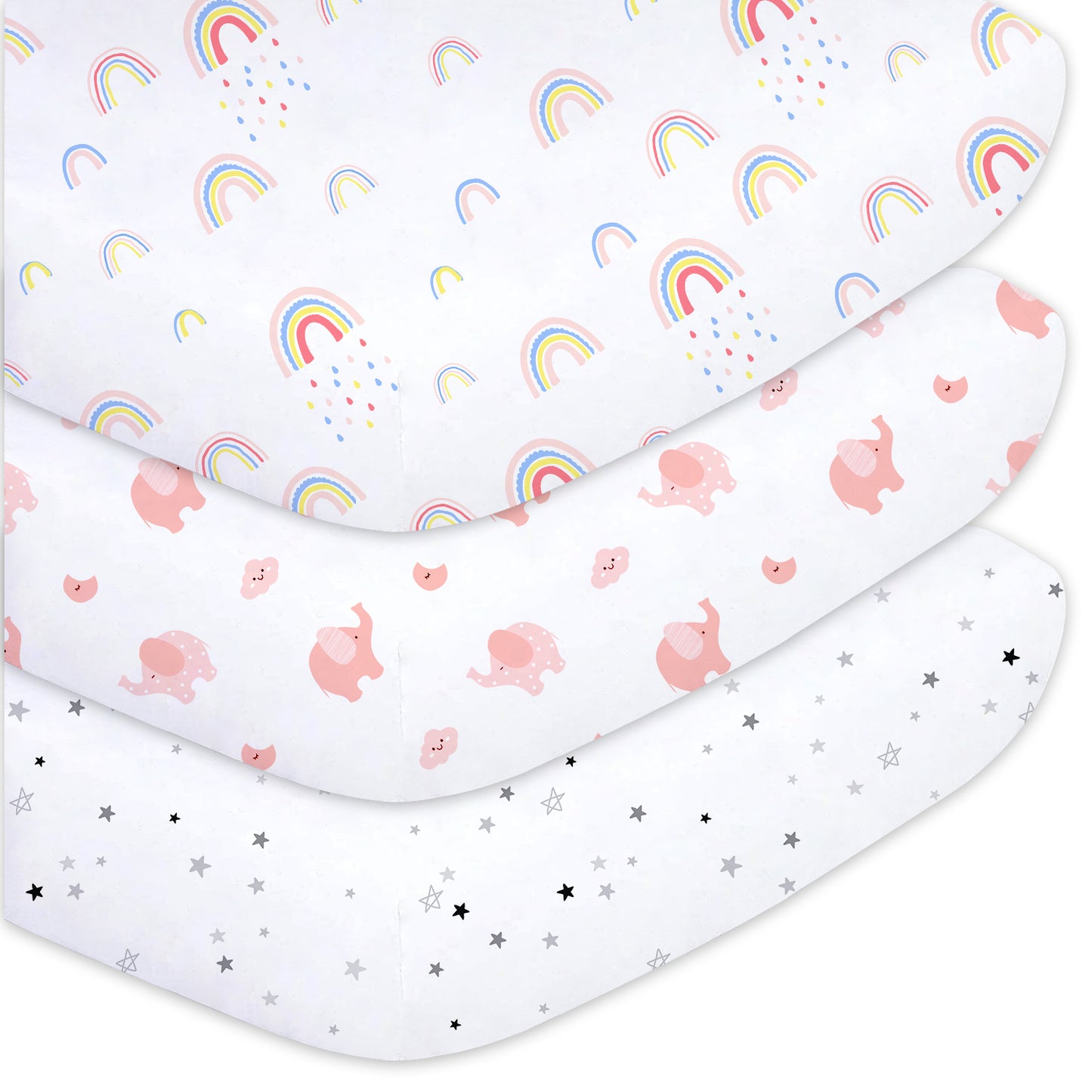 Crib Sheets for Baby Girls 3 Pack, 28"x 52" Extra Soft Microfiber Crib Sheet Set for Baby Crib Mattress Sheet & Toddler Mattress Pad, Rainbow & Elephant & Stars