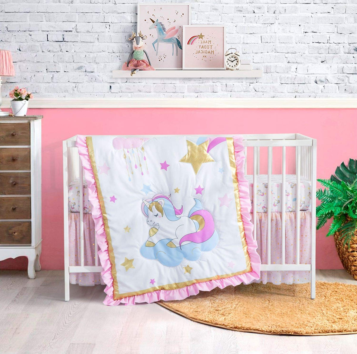3 Piece Crib Bedding Sets-Luxury Pink Gold Unicorn