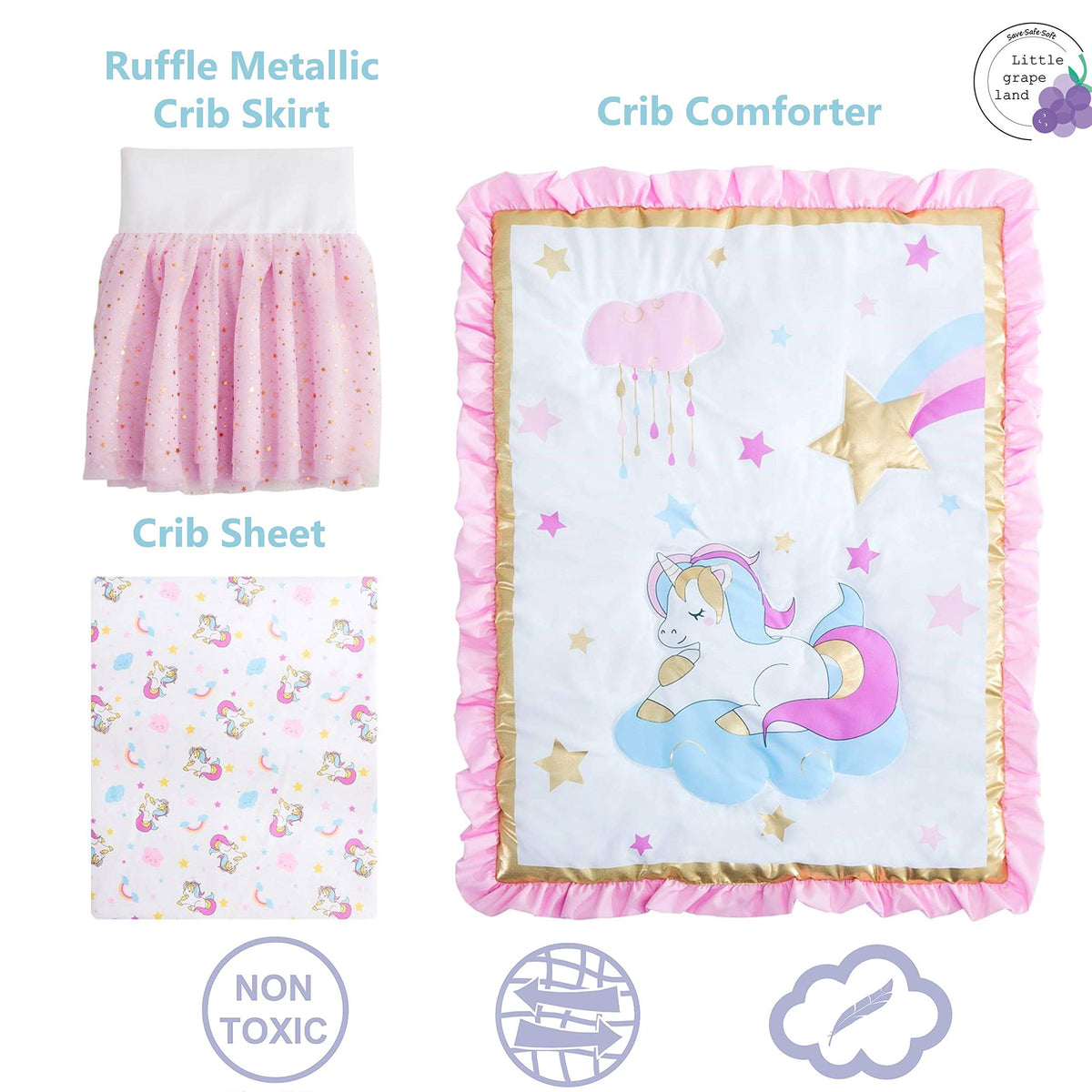 3 Piece Crib Bedding Sets-Luxury Pink Gold Unicorn