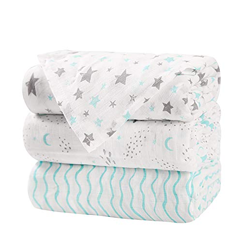 3 Pack Cotton Muslin Swaddle Blankets (Blue)