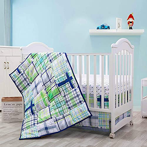 Crib Sets for Boys, 3 Piece Baby Boy Nursery Bedding Set Green Plaid