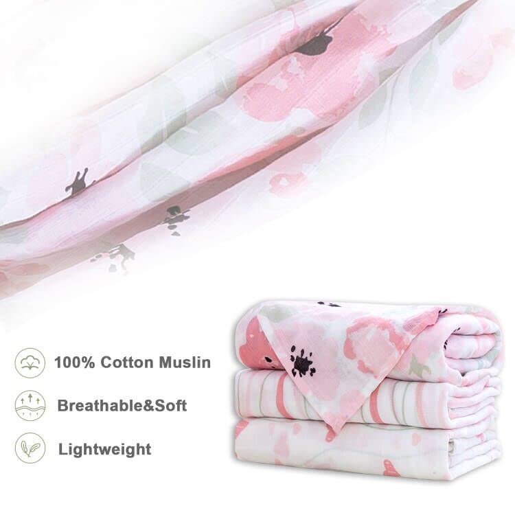 3 Pack Cotton Muslin Swaddle Blankets (Crystal Rose)