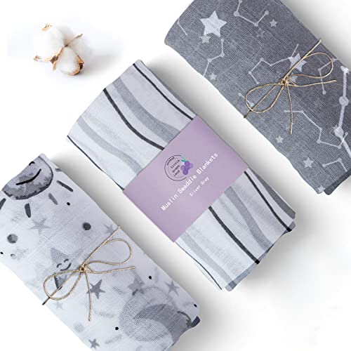 3 Pack Cotton Muslin Swaddle Blankets (Silver Grey)