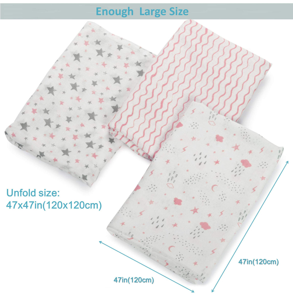 3 Pack Cotton Muslin Swaddle Blankets (Pink)